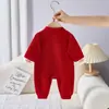 Macacão de Inverno Grosso para Bebê Vestido de Aniversário Vermelho com Forro de Fleece Macacão para Engatinhar para o 100º Aniversário do Bebê