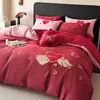 Juego de Cuatro Piezas de Algodón Puro Personalizado Corazón de Amor Boda Sábana Roja Grande de Algodón Puro Funda de Edredón Festiva Dote de Boda Ropa de Cama de Boda
