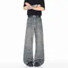 Jeans de jacard con espinas estilo retro americano para hombre, pantalones holgados rectos de pierna ancha, corte limpio, pantalones ligeramente acampanados