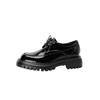 Roupa de trabalho básica casual Sapatos de couro preto 2024 Primavera Salto médio grosso Biqueira redonda Sola grossa Sapatilhas de couro envernizado de vaca com cadarço para mulheres