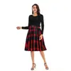 C0593 Vestido Transfronterizo para Mujer de Cuello Redondo y Manga Larga Negro con Costuras en la Parte Superior y Dobladillo a Rayas Estampadas de Dobladillo Grande