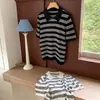 Algodão puro moda verão novo estilo feminino gola polo tricô manga curta listrada camiseta top