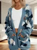 Nuevo cárdigan fino largo de comercio exterior transfronterizo con bolsillos, chaqueta suéter de moda personalizada casual estampada de otoño e invierno para mujer