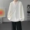 Camiseta de manga larga de color liso texturizada, holgada y de talla grande, para hombre, con cuello en V, de marca moderna para primavera/otoño, casual