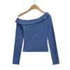 2590-26 Novo Estilo de Início de Primavera Estilo Garota Americana Quente Puro Desejo Manga Longa Assimétrica na Ombro Punhos Camiseta Básica Simples Slim Fit