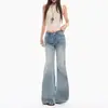 Jeans feminino confortável e fluido em azul vintage, emagrecedor, levemente flare, estilo americano, solto, cintura baixa, comprimento até o chão, adequado para uso casual e urbano