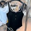 Traje de Baño Nuevo de Color Sólido Delgado Simple Estudiante Traje de Baño Aguas Termales para Mujer Negro Hermoso Traje de Baño de Espalda para Mujer Aguas Termales con Almohadilla en el Pecho