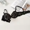 Sujetador push-up sexy de encaje francés de media copa para busto pequeño para mujer, con varillas, acolchado grueso, anti-caída, sujetador cómodo