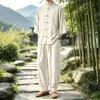 Conjunto de Camisa y Pantalones de Algodón y Lino para Hombre Estilo Chino Nuevo Verano 2026, Traje Tang con Cuello de Botones, Conjunto Casual de Dos Piezas