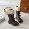 Botas Altas Estilo Francés Ins 2026 Otoño e Invierno Nuevas Estilo Coreano Niñas Lazo Nudo Botas de Piel de Princesa Botas Altas Forradas de Lana