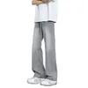Jeans de Mezclilla Lavada Color Gris Ahumado Vintage para Hombre, Pantalones con Cinturón para Primavera y Otoño, Pantalones Rectos Ligeramente Acampanados de la Alta Calle Americana