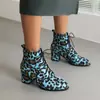 Botas de Cuero de Comercio Exterior Estilo Europeo y Americano Botas Gruesas Bajas de Gamuza con Cordones Botas de Tacón Alto Botas Cortas Botas Martin Estampado de Leopardo Rojo para Mujer