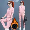 Conjunto Casual de Otoño e Invierno con Sudadera Redonda Estampada con Letras, Pantalones Jogger con Bolsillos, Conjunto Largo Grueso de Dos Piezas para Mujer