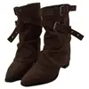 Botas de mujer con tacón grueso, botas de gamuza color caqui de altura media estilo vintage, botas de tacón apilado estilo western, zapatos de mujer, botas de montar estilo francés de otoño