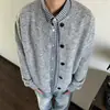 Cárdigan gris de cuello redondo estilo coreano para hombre, jersey de punto casual de corte limpio, prenda exterior tipo camisa simple