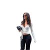Moda Femenina Transfronteriza Tops de Verano Color Sólido Ribete de Encaje Cuello en V Profundo Manga Larga Cintura Ajustada Camiseta 2025