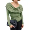 Ins Ropa Europea y Americana para Mujer Otoño Amazon Nuevo Cuello Redondo Profundo Plegado Color Sólido Manga Larga que Muestra el Ombligo Suéter