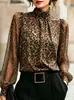 Camisa Retro con Estampado de Leopardo y Lunares Transfronteriza Europea y Americana 2026 para Mujer, Cuello Alto, Manga de Linterna, Manga Larga, Top de Temperamento para el Trabajo