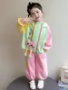 Conjunto de dos piezas de otoño 2026 para niña, estilo coreano, bloques de color, doble cremallera, diseño de gato, estilo escolar, popular en internet, casual, ropa para niños