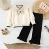 Conjunto Tricotado para Meninas Outono Novo Estilo Coreano Casaco Suéter Pequeno Perfumado Solto Calças Boca de Sino Conjunto de Duas Peças