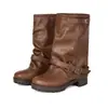 2026 Hebilla de Cinturón de Moda Transfronteriza Botas de Motocicleta Punta Redonda Botas de Mujer Talla Grande 40-45 Botas de Moda de Tacón Medio Grueso Hasta la Pantorrilla