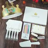 Cuchillo y Tenedor para Pastel de Cumpleaños Juego de Velas Plato de Papel Desechable Plato de Cena Engrosado Forma de Gota Tenedor para Hornear Vajilla en Caja