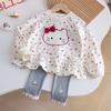 Traje de Otoño para Niños 2025 Nuevo Estilo Coreano Dibujos Animados Kitty Falda Floral + Leggings Bordados Dulce Combinación