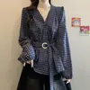 Camisa a Cuadros Vintage de Manga Larga con Cuello en V para Mujer, Nuevo Estilo Primavera y Otoño, Tallas Grandes, Efecto Adelgazante, Camiseta Base Ceñida a la Cintura
