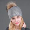 Sombrero de Lana Tejido Cálido de Invierno Estilo Exportación Europeo y Americano Sombrero de Mujer Plateado Bronceado Sombrero de Lana con Pompón de Piel de Mapache