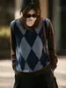 Suéter de Punto Texturizado para el Trabajo, Chaqueta Clásica de Lana a Cuadros con Patrón de Diamantes, Cárdigan Versátil de Punto Fino con Cuello Solapa, Otoño/Invierno Marrón Oscuro