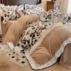 Juego de Cuatro Piezas Jacquard de Algodón y Lino Clase A, Estilo Francés de Lujo Ligero con Encaje Grande, Esquinas Redondeadas y Bordes Fruncidos, Juego de Ropa de Cama con Sábana y Funda de Edredón
