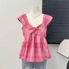 Camisola francesa retro con cuadros contrastantes para mujer, falda dulce de verano, camisa de muñeca sin mangas que cubre el vientre, top pequeño