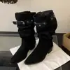 Botas altas de tacón grueso con punta y pliegues apilados para mujer, nuevas de 2026 para verano-otoño, estilo western cowboy, de media pantorrilla, tipo caballero, largas