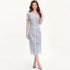 Fábrica de Origen de TikTok: Vestido Largo de Encaje de Manga Corta de Lujo para Mujer, Suministro Directo, Vestido Azul Francés con Cuello y Calados