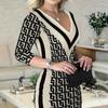 Comercio exterior otoño e invierno AliExpress Amazon Europeo y Americano moda transfronteriza patrón geométrico cadera vestido siete mangas
