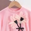 Traje rosa de primavera y otoño para niñas de Amazon Europa y Estados Unidos, patrón floral para niños, manga larga, falda plisada negra, conjunto de dos piezas