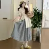 Conjunto de Dos Piezas para Mujeres Embarazadas, Camisa Suelta de Manga Corta de Algodón y Lino Estilo Japonés Vintage con Falda a Cuadros