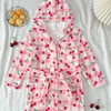 Bata de baño a cuadros con estampado de cerezas para niña, Bata de baño gruesa de franela para niños, Bata de baño cálida para casa