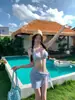 Campanilla de viento azul Bikini a rayas azul cielo estilo francés para busto pequeño, ideal para vacaciones y aguas termales, traje de baño sexy
