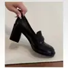 Mocassins de Salto Alto Camélia para Mulheres, Sapatos para o Dia a Dia sem Cadarço com Salto Bloco, Sapatos de Couro Preto, Mocassins Femininos Estilo Britânico