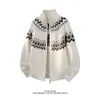 Código marca de moda Fair Isle pareja talla grande otoño e invierno cárdigan suéter chaqueta jacquard para hombre estilo perezoso tejido suelto