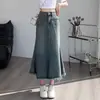 Saia Jeans Vintage Feminina Primavera e Outono Nova Cintura Alta Slim-Fit Rimmer Linha A Saia Braço Comprimento Médio Saia Cauda de Peixe