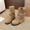 Hebilla de Cinturón Retro de Nicho Botas de Vaquero Occidentales para Mujer Otoño/Invierno Nuevo Estilo Botas para Pantalón Adelgazantes Tacón Grueso Versátiles Punta Redonda Botines