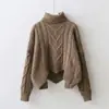 Suéter de Punto Trenzado Nuevo Estilo Otoño e Invierno Transfronterizo para Mujer, Estilo Europeo y Americano de Cuello Alto Color Sólido Holgado Pulóver