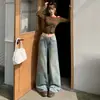 Jeans largo juvenil Laranja # Padrão Bambu lavado para mulheres, caimento solto, modelador, fluido, casual, calça reta versátil