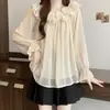 Blusa de Chiffon Manga Longa Off-Shoulder Estilo Francês Doce Plus Size para Mulheres Cheinhas, Design Emagrecedor com Apliques Florais 3D, Top Rejuvenescedor