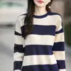 Nuevo Suéter de Punto de Terciopelo Andy de Otoño Temprano Cuello Redondo Combinación de Colores Estilo Coreano Holgado Aspecto Adelgazante Jersey Rayado Top de Manga Larga para Mujer