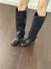 Botas altas quadradas de couro estilo coreano, botas de montaria pretas com salto grosso, botas de moda emagrecedoras, botas longas de salto alto acima do joelho