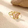 Nuevo anillo abierto de mariposa con goteo de aceite transfronterizo, moderno y versátil anillo de flor de acero inoxidable chapado en oro de 18 quilates para mujer