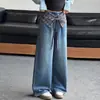 Calças para meninas para primavera e outono de 2026, novas calças jeans estilosas de perna reta com cós xadrez azul para estudantes do ensino fundamental, transfronteiriças